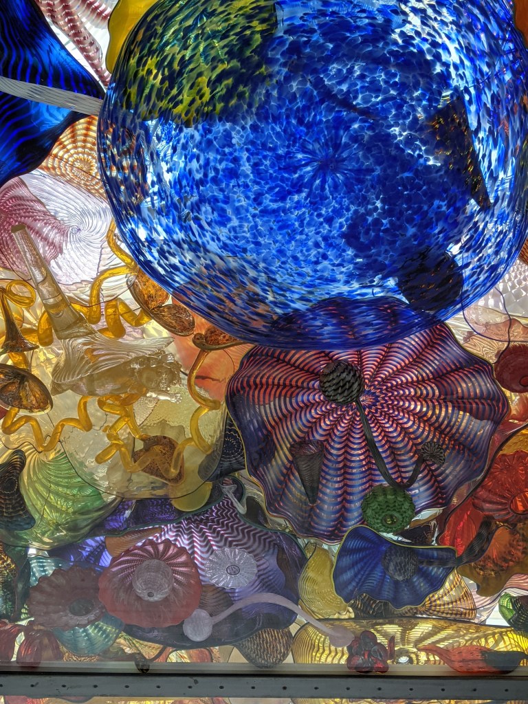 A group  of colorful Chihuly glass pieces from the glass bridge in Tacoma.

